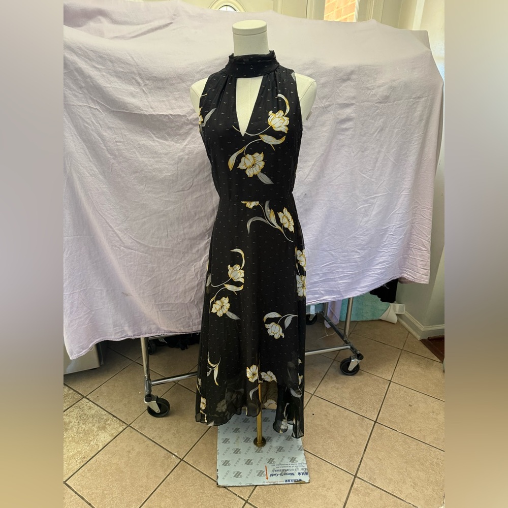 White House Black Market Black and Gold Floral High Low Dress